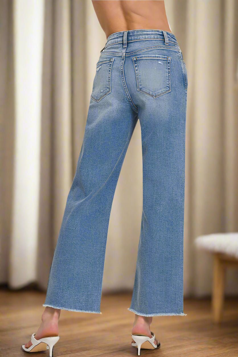 High Waist Straight Leg Medium Wash Denim Pants