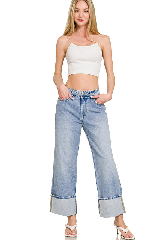 High rise cuffed wide leg denim pants