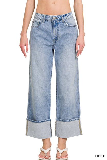 High rise cuffed wide leg denim pants