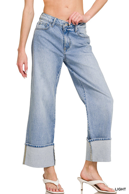 High rise cuffed wide leg denim pants