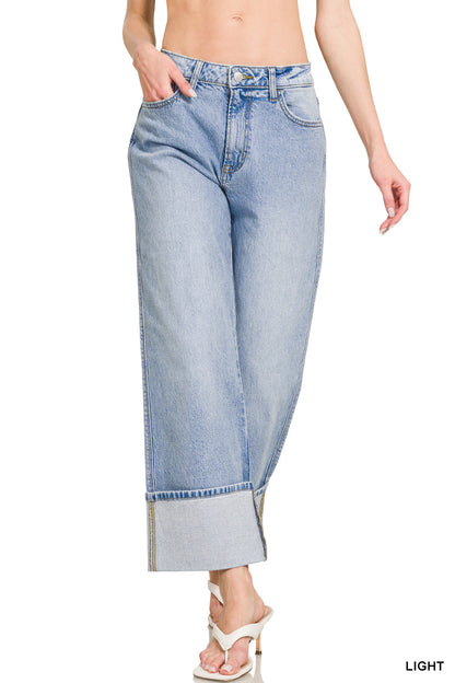High rise cuffed wide leg denim pants