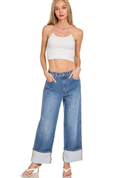 High Rise Cuffed WideLleg Denim Pants