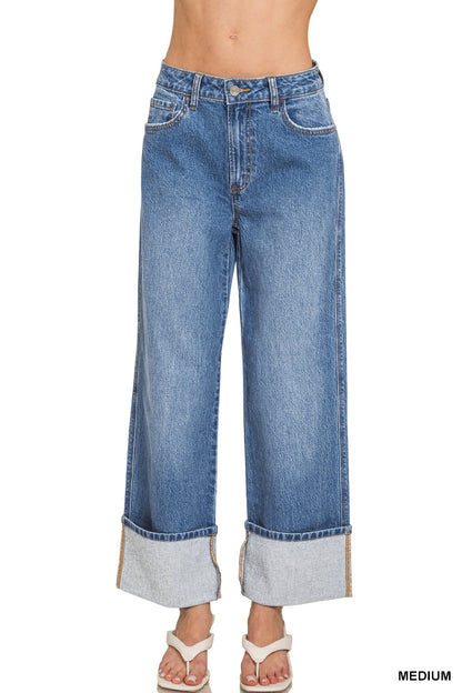 High Rise Cuffed WideLleg Denim Pants