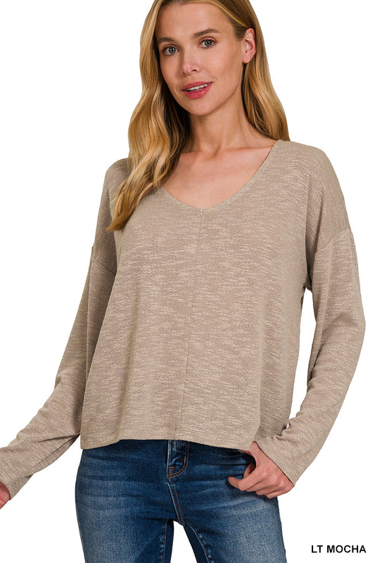 V neck crop slub hacci top