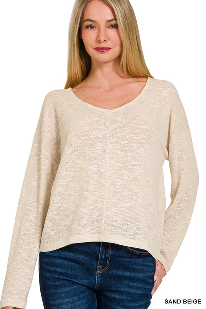 V neck crop slub hacci top