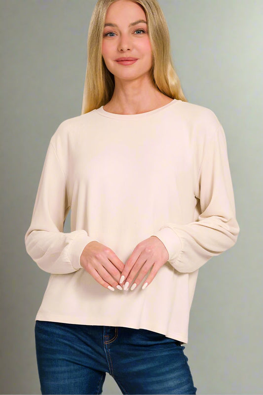 Soft Melange Hacci Round Neck Long Sleeve Tee