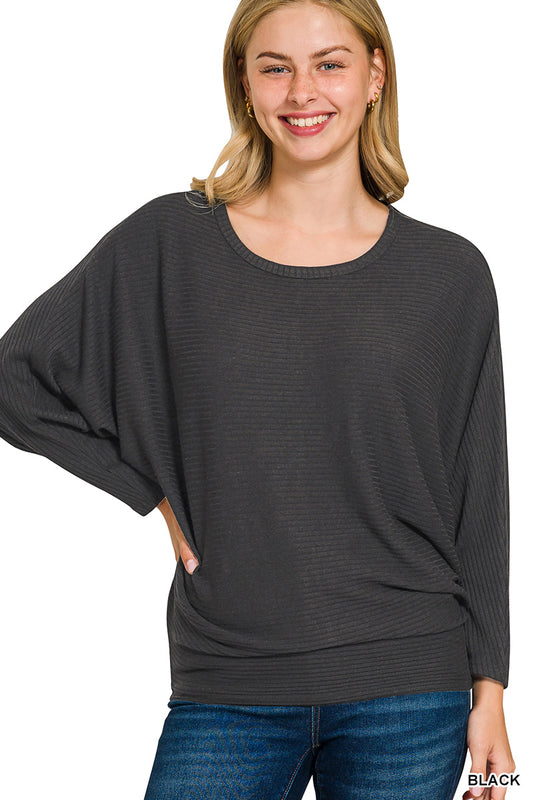 Ribbed batwing long sleeve boat neck sweater