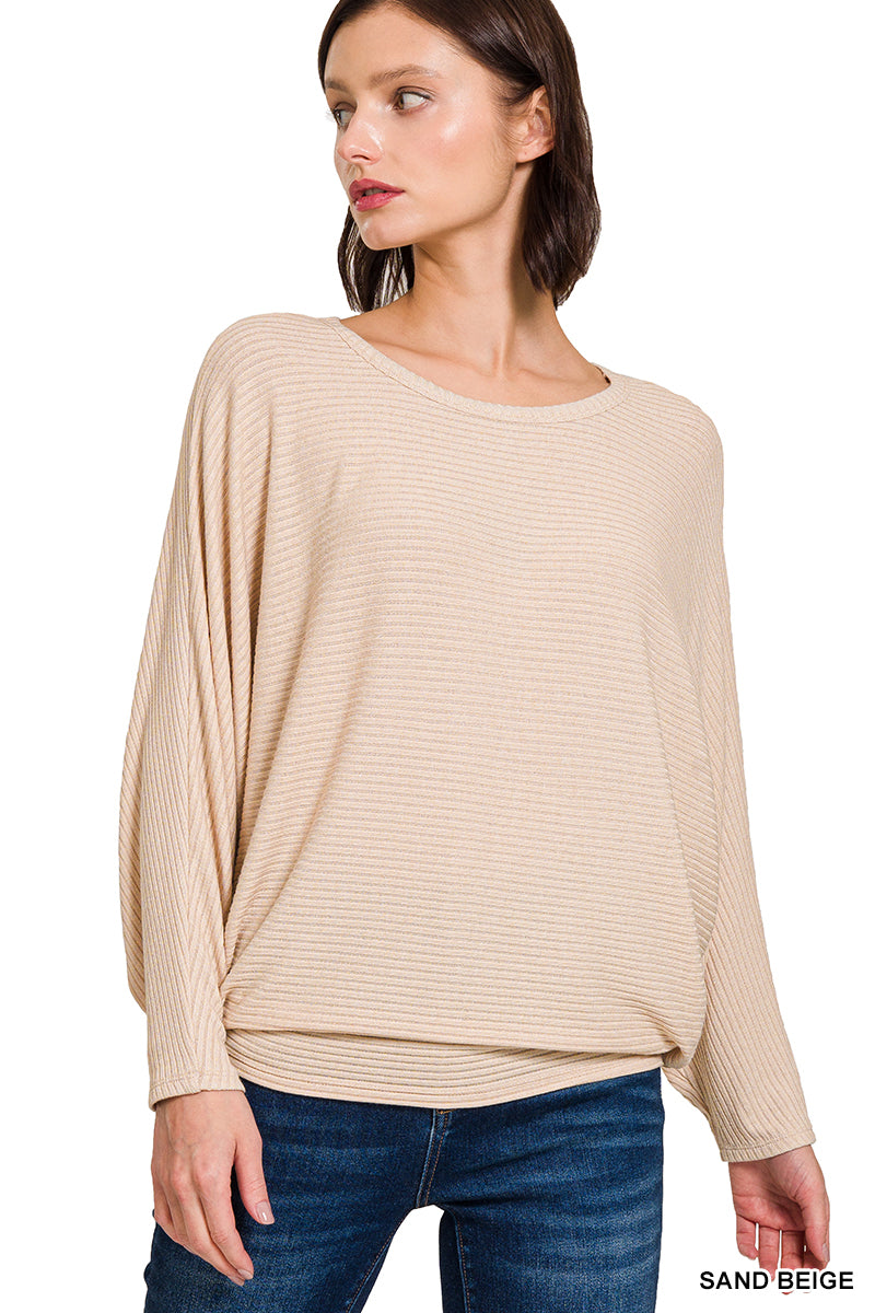 Ribbed batwing long sleeve boat neck sweater
