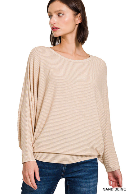 Ribbed batwing long sleeve boat neck sweater