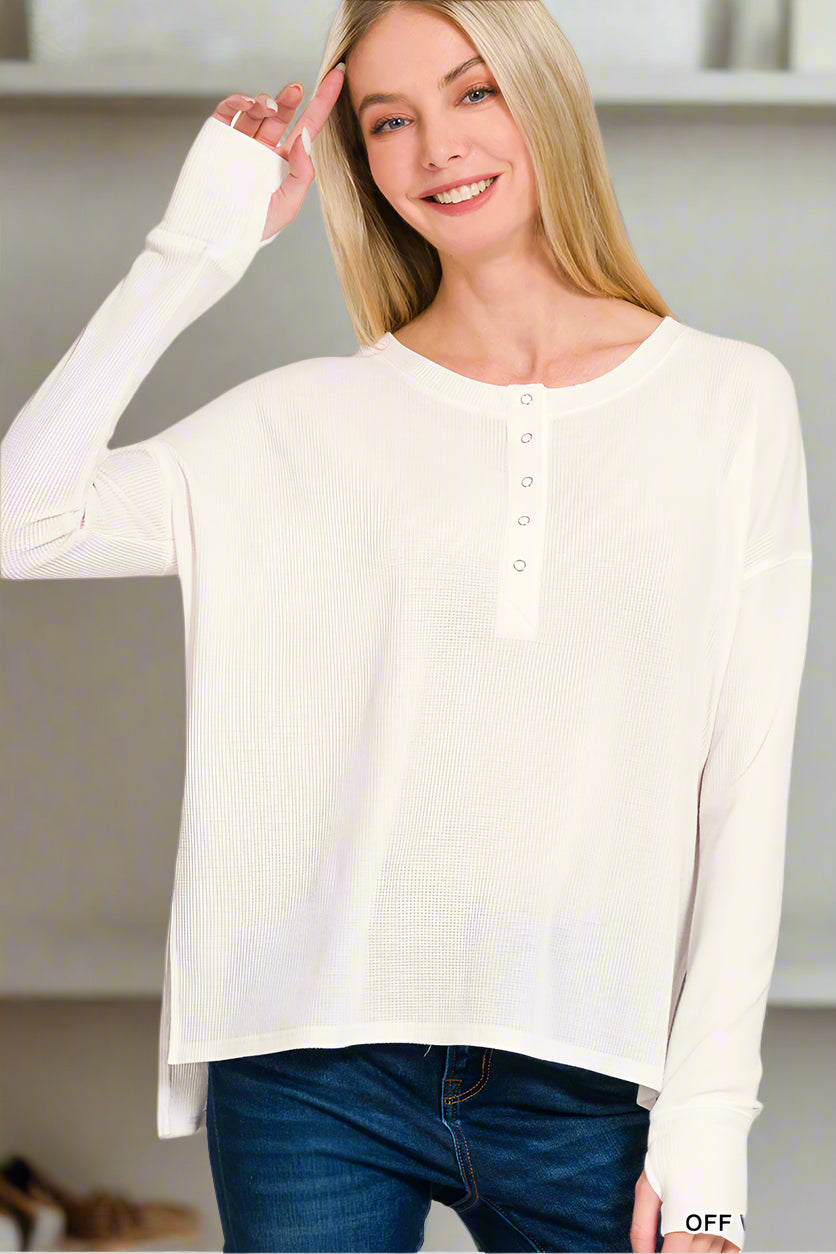 Waffle Thumb Hole Cuffed Henley Tee