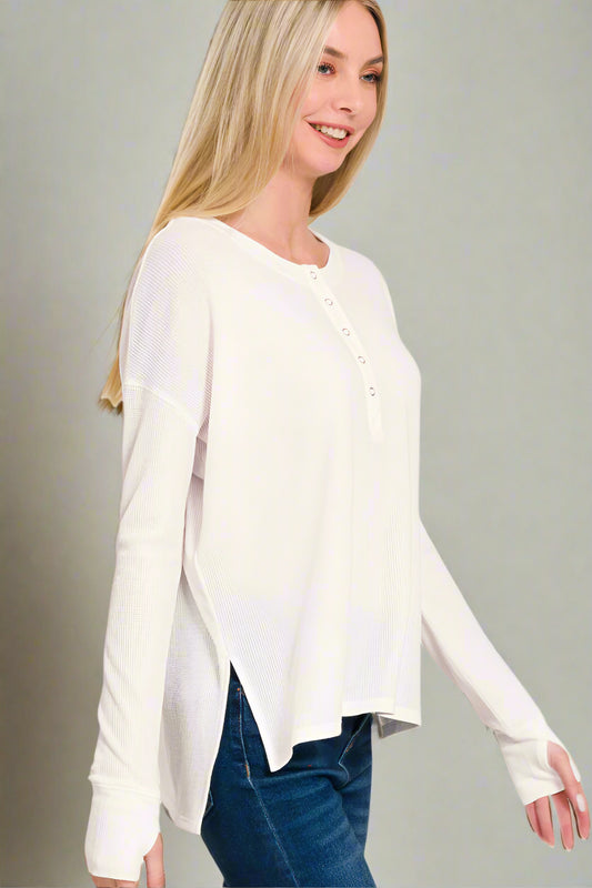 Waffle Thumb Hole Cuffed Henley Tee