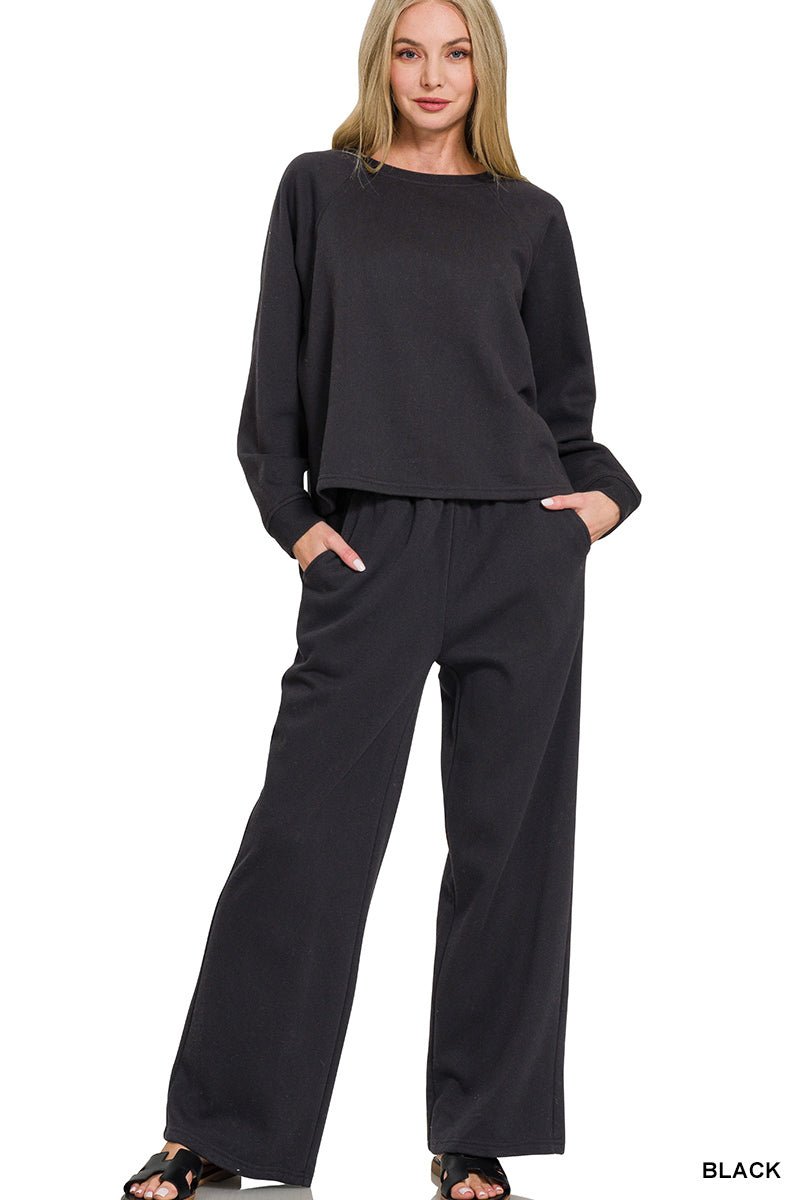 Fleece raglan sleeve pullover & sweatpants set - Whimsical Details - ["black","Comfy","lounge","set","set of two","sweat set","winter","winter essential"]