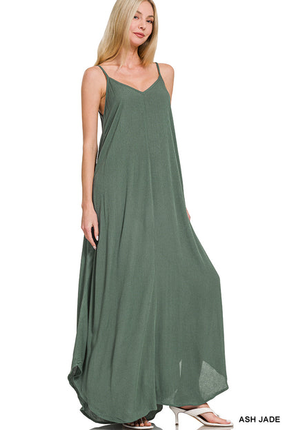 Woven crinkle cami maxi dress w side pockets