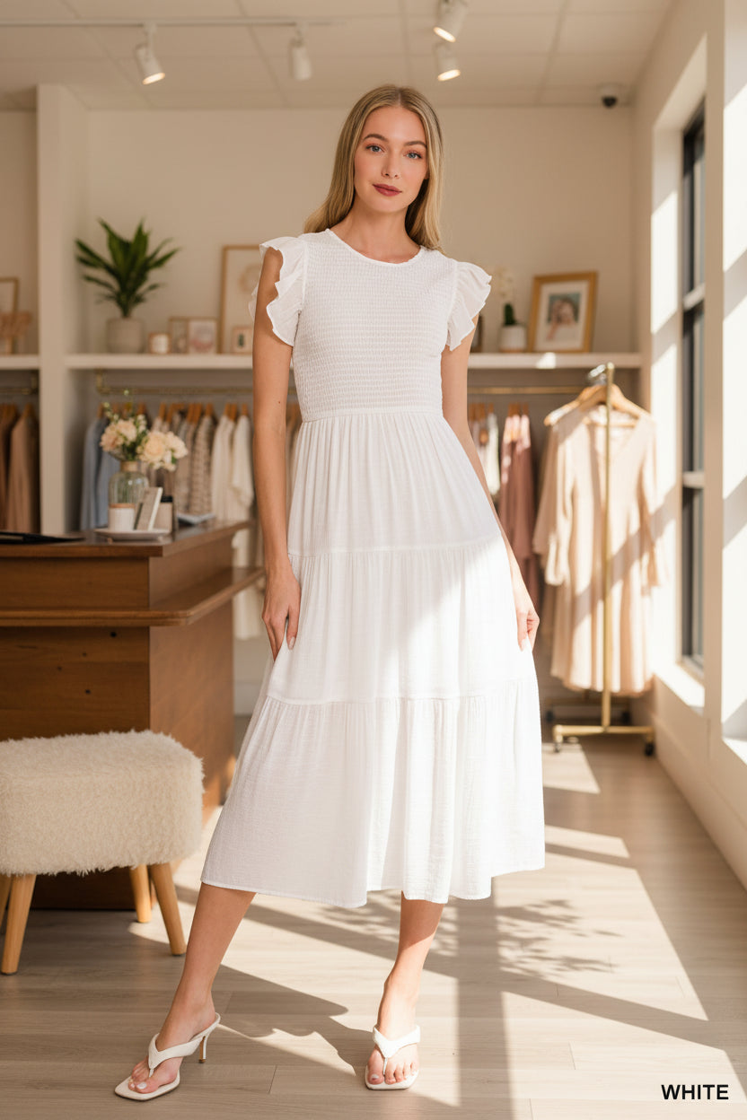 Woven smocked ruffle sleeve midi dress - Whimsical Details - ["dress","dresses","long dress","maxi dress","midi dress","spring Dress","Summer dress","sun dress"]