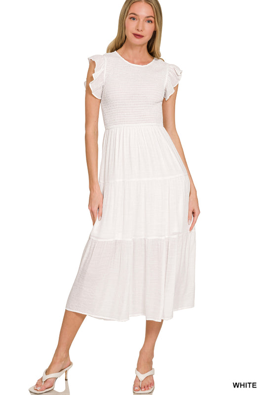 Woven smocked ruffle sleeve midi dress