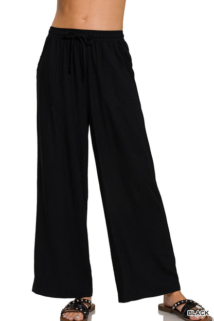 Wide-Leg Linen Blend Pants w/ Pockets - Whimsical Details