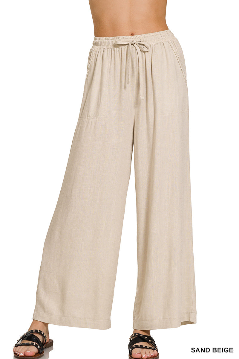 Wide-Leg Linen Blend Pants w/ Pockets - Whimsical Details