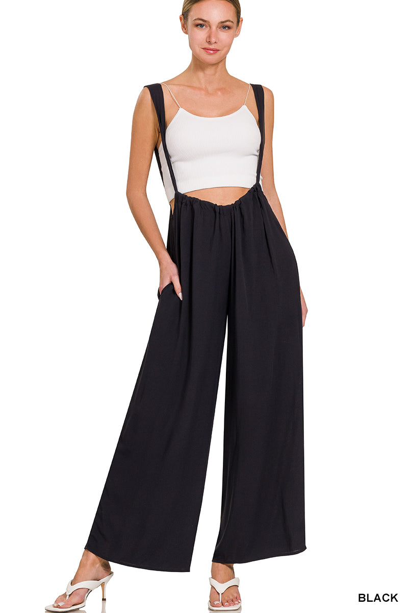 WOVEN TIE BACK SUSPENDER JUMPSUIT WITH POCKETS - Whimsical Details