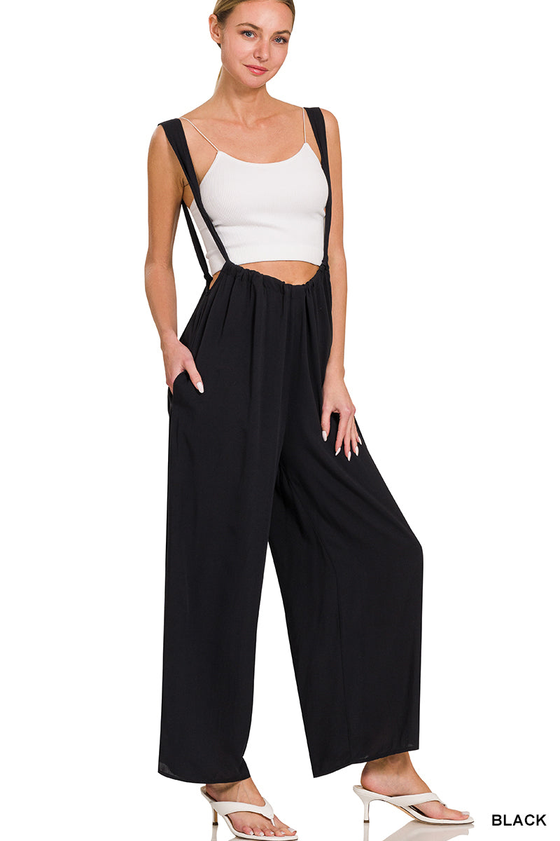 WOVEN TIE BACK SUSPENDER JUMPSUIT WITH POCKETS - Whimsical Details