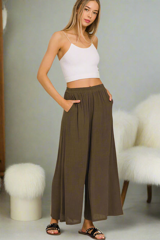 Elastic Waist Pocket Pleated Wide Leg Pants