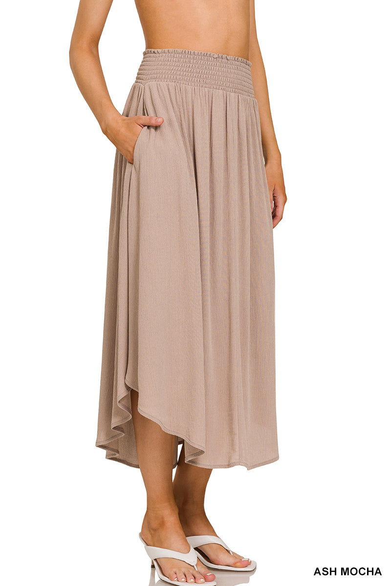 WOVEN CRINKLE SMOCKED WAIST SIDE SLIT MAXI SKIRT WITH POCKETS