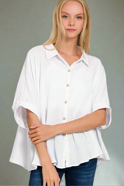 Double Gauze 3/4 Sleeve Button Up Shirt - Whimsical Details - button down, button up