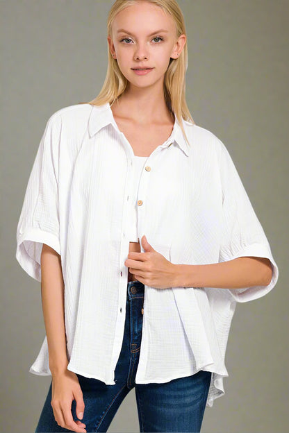 Double Gauze 3/4 Sleeve Button Up Shirt - Whimsical Details - button down, button up