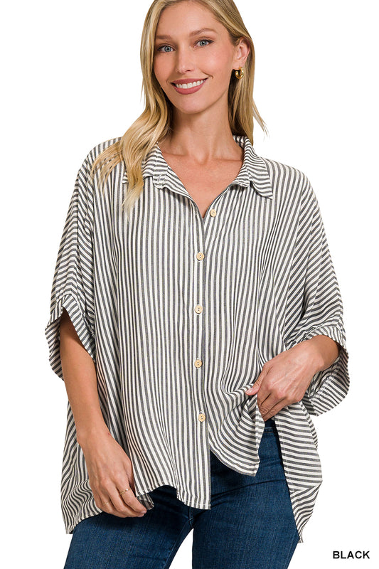 Striped Short Sleeve Button Up Top