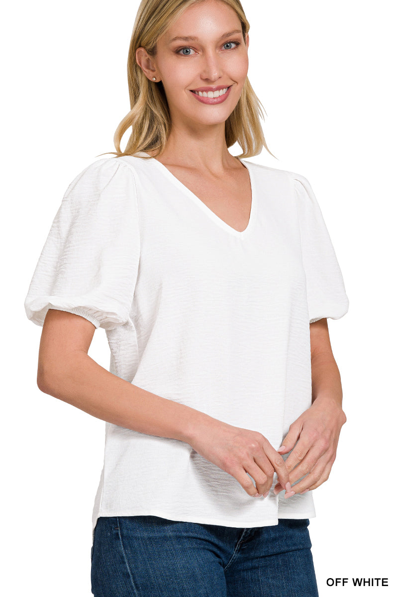 Woven Airflow V-Neck Puff Sleeve Top - Whimsical Details - 