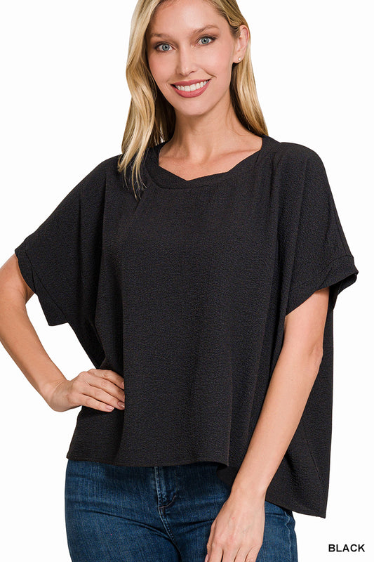 WOVEN ROUND NECK SHORT SLEEVE TOP