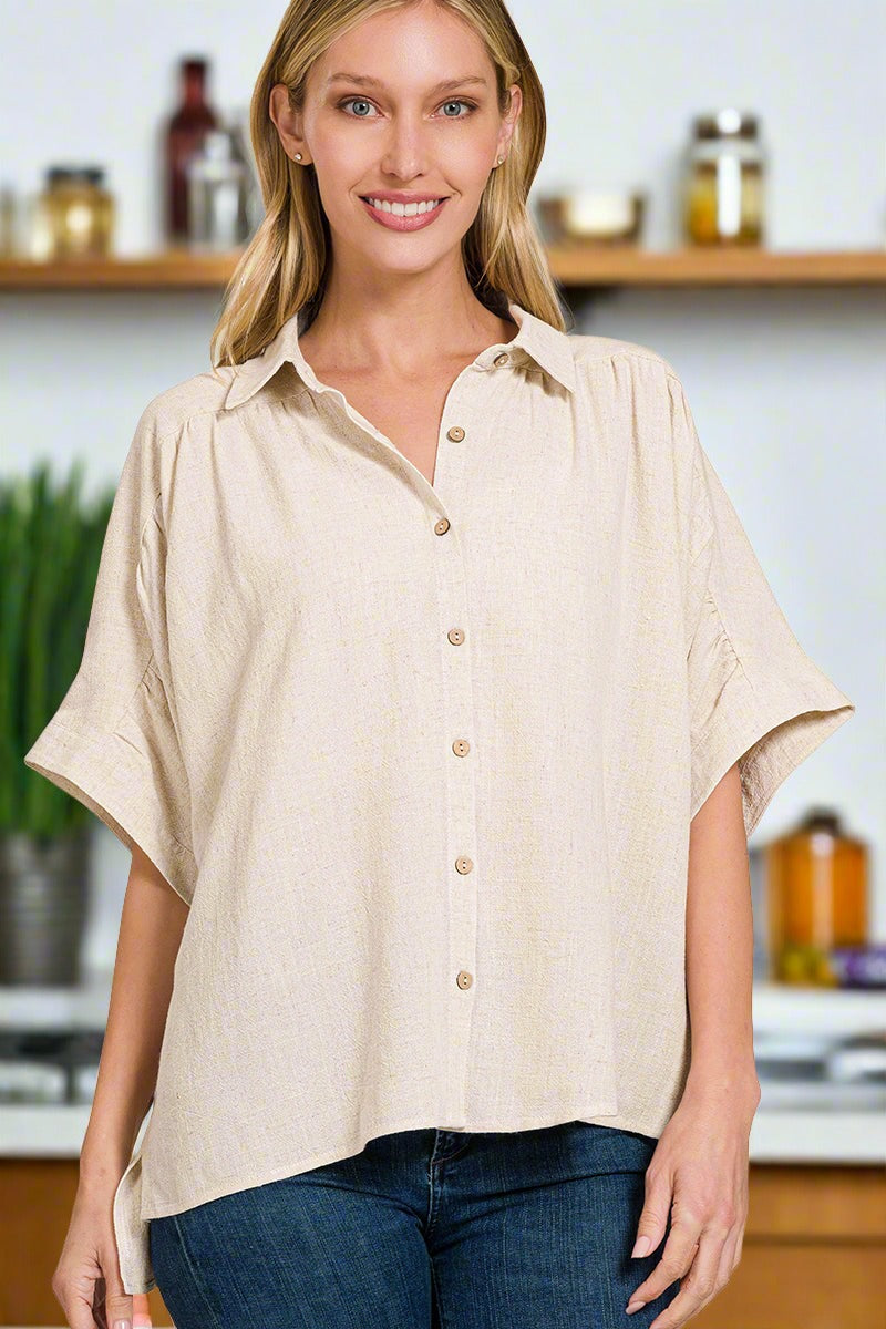 Linen Ruched Seam w/ Cufffed Sleeve Button Down - Whimsical Details