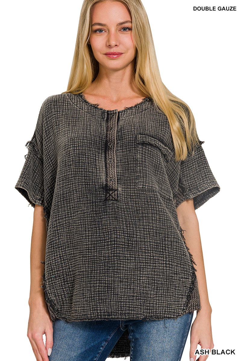 Washed Double Gauze 3/4 Button Henley Top - Whimsical Details