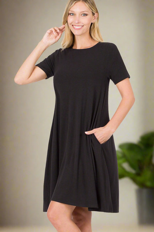 Short Sleeve Flared Dress with Side Pockets - Whimsical Details