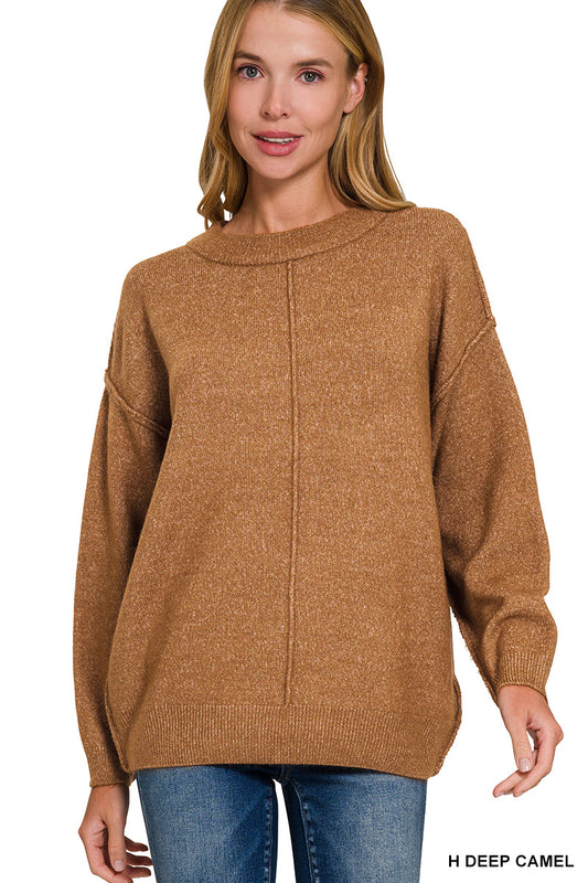 Melange Front Seam Round-Neck Sweater