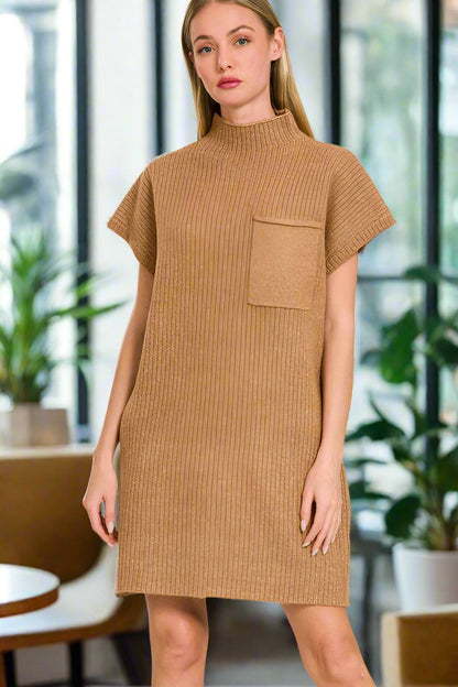 Mock Neck Short Sleeve Sweater Dress with Pocket - Whimsical Details - dress, sweater, sweater dress, transition