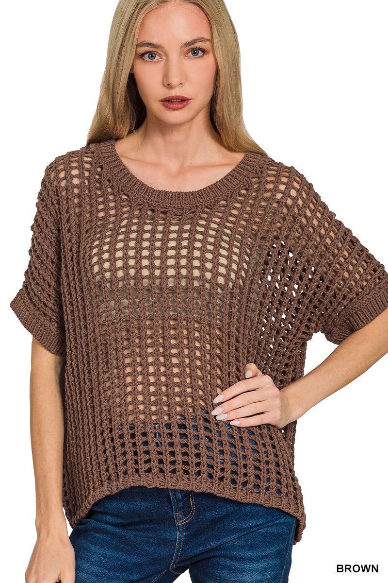 Fish Net Short Sleeve Crochet Sweater