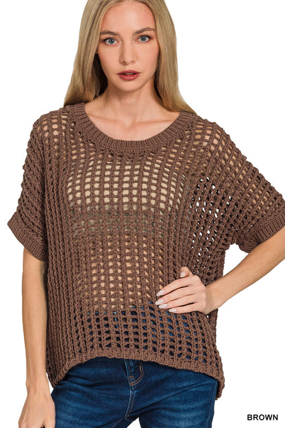 Fish Net Short Sleeve Crochet Sweater