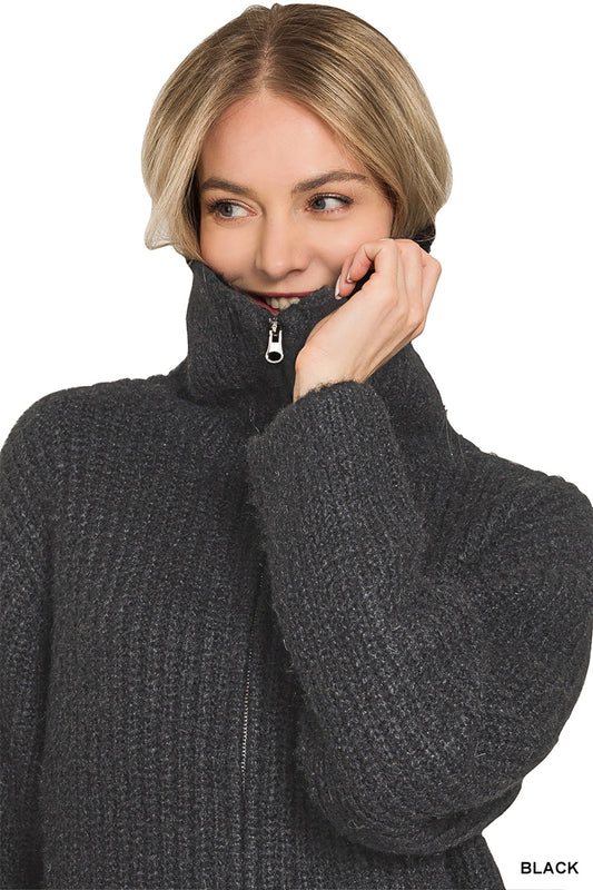 High neck full zip sweater