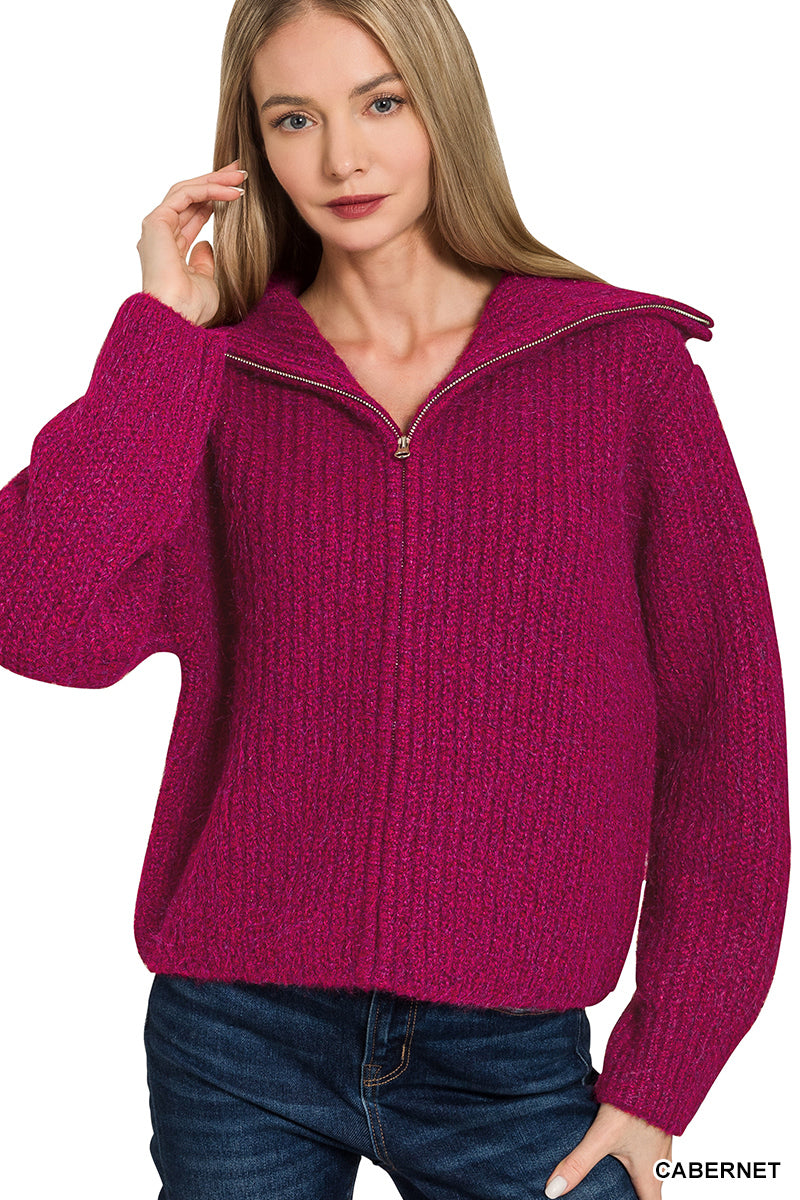 High neck full zip sweater