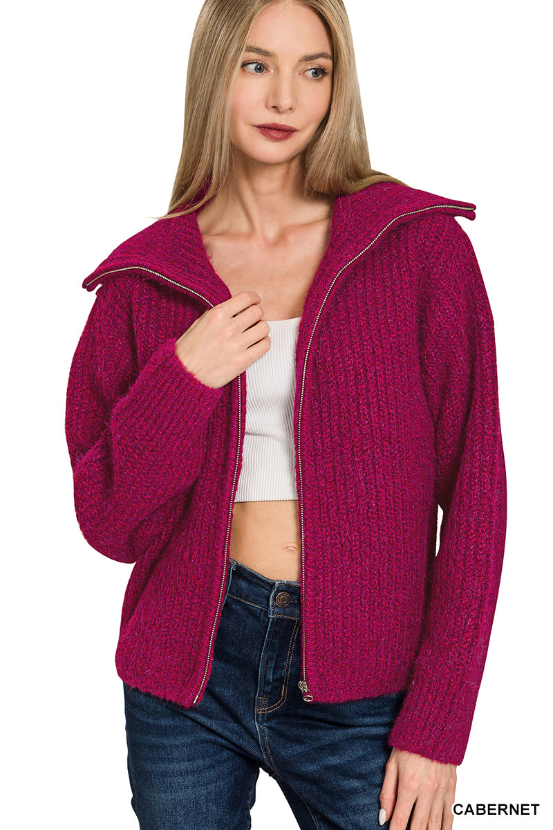 High neck full zip sweater