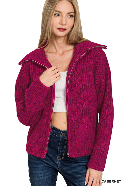 High neck full zip sweater