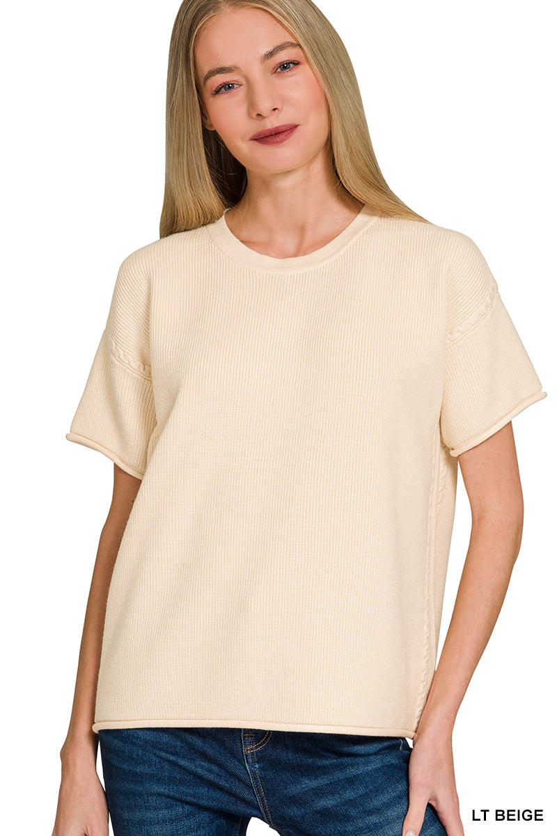 Viscose Round Neck Short Sleeve Sweater - Whimsical Details - ["Basic","basics","beige sweater","cream sweater","Light beige","Light Sweater","short sleeve","short sleeve sweater","sweater"]