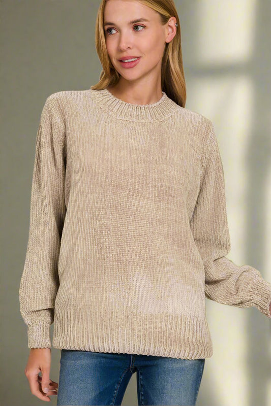 Round Neck Balloon Sleeve Chenille Sweater