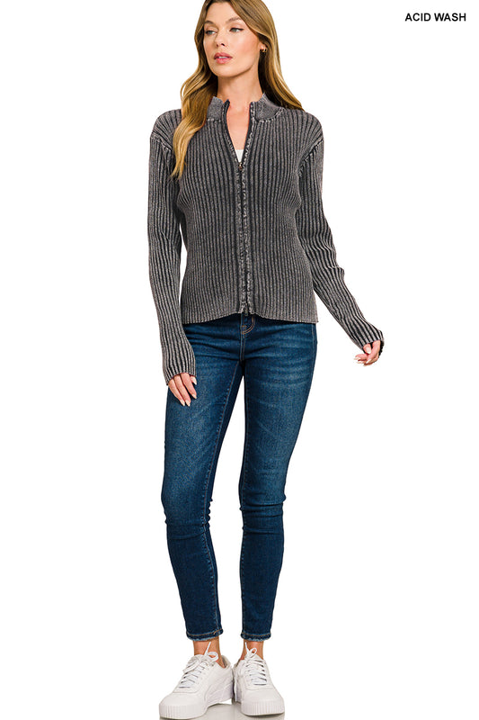 Washed Zip Up Sweater