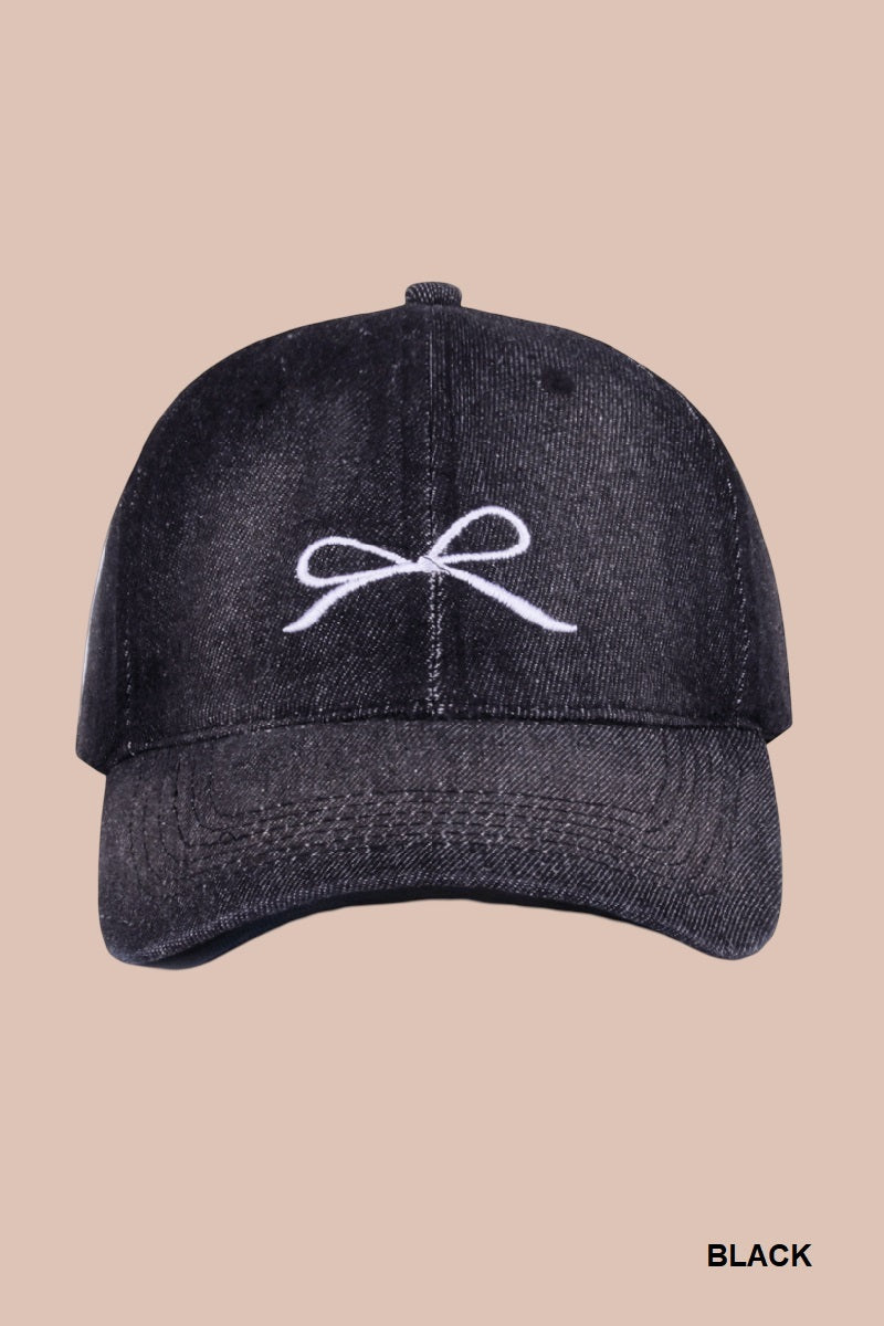 Bow embroidery denim washed cap