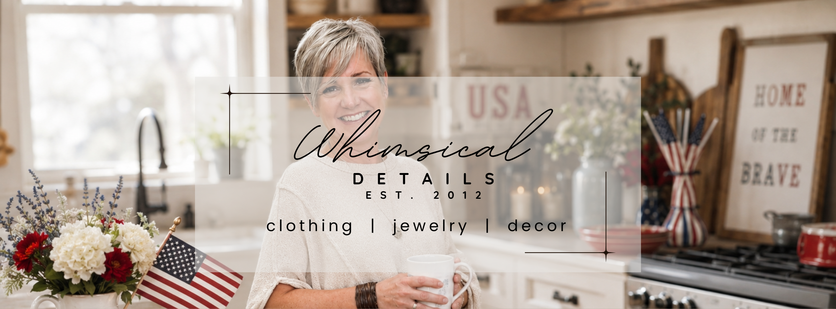 tiffany in a kitchen with decor elements and 'Whimsical Details' branding.