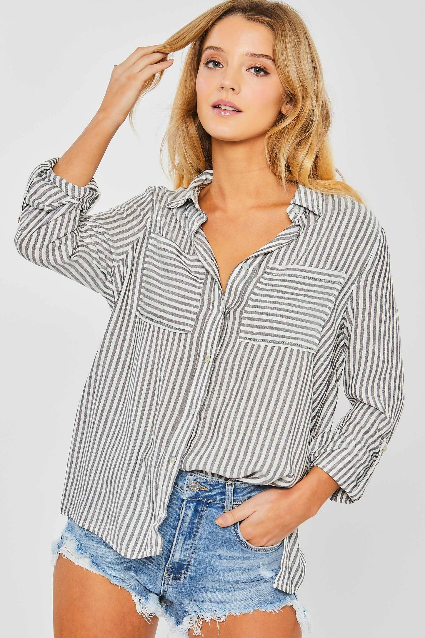 Striped Roll Up Button Down Blouse - Whimsical Details - ["Blouse","button down","button up","buttons","stripe","striped","Striped Shirt","stripes"]