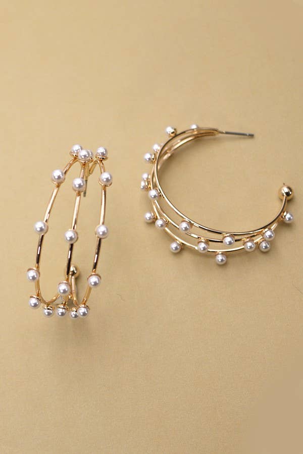 ALLISON TRIPLE ROW WIRE PEARL HOOP EARRINGS - Whimsical Details - ["earrings","gold","gold hoops","hoops","pearl"]