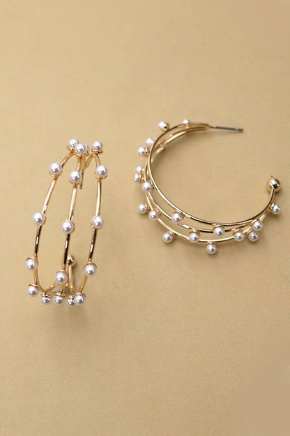 ALLISON TRIPLE ROW WIRE PEARL HOOP EARRINGS - Whimsical Details - ["earrings","gold","gold hoops","hoops","pearl"]