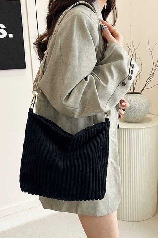 Corduroy Tote Bag With Guitar Shoulder Strap - Whimsical Details - ["black","corduroy","reusable bag","totebag","trendy"]